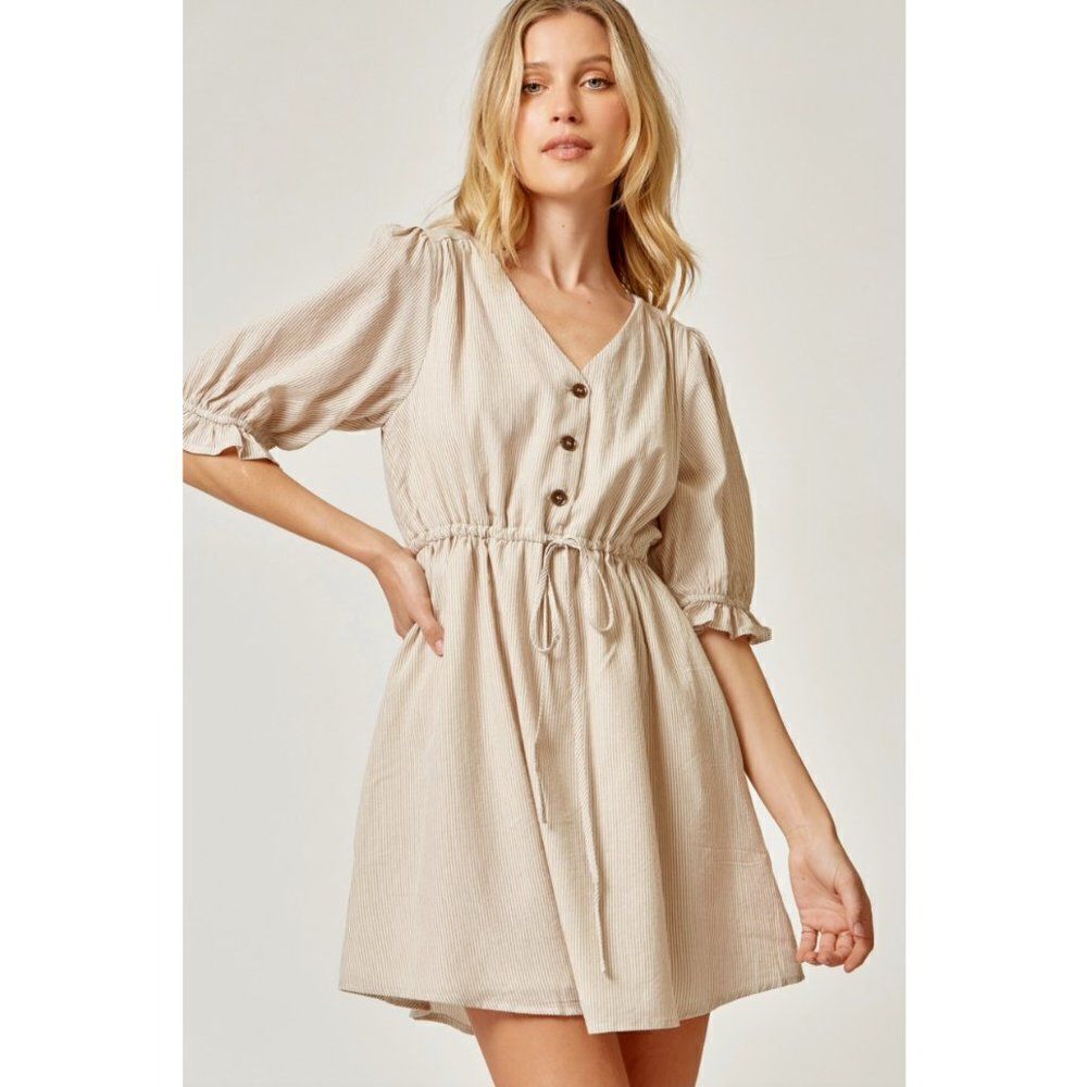 Andree By Unit Casual Dress w/ Button Down Pinstripe Boho Basic D10025-NATURAL - Picture 4 of 5